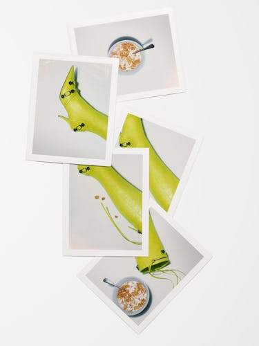 Yellow Balenciaga boots among bowls of cereal.