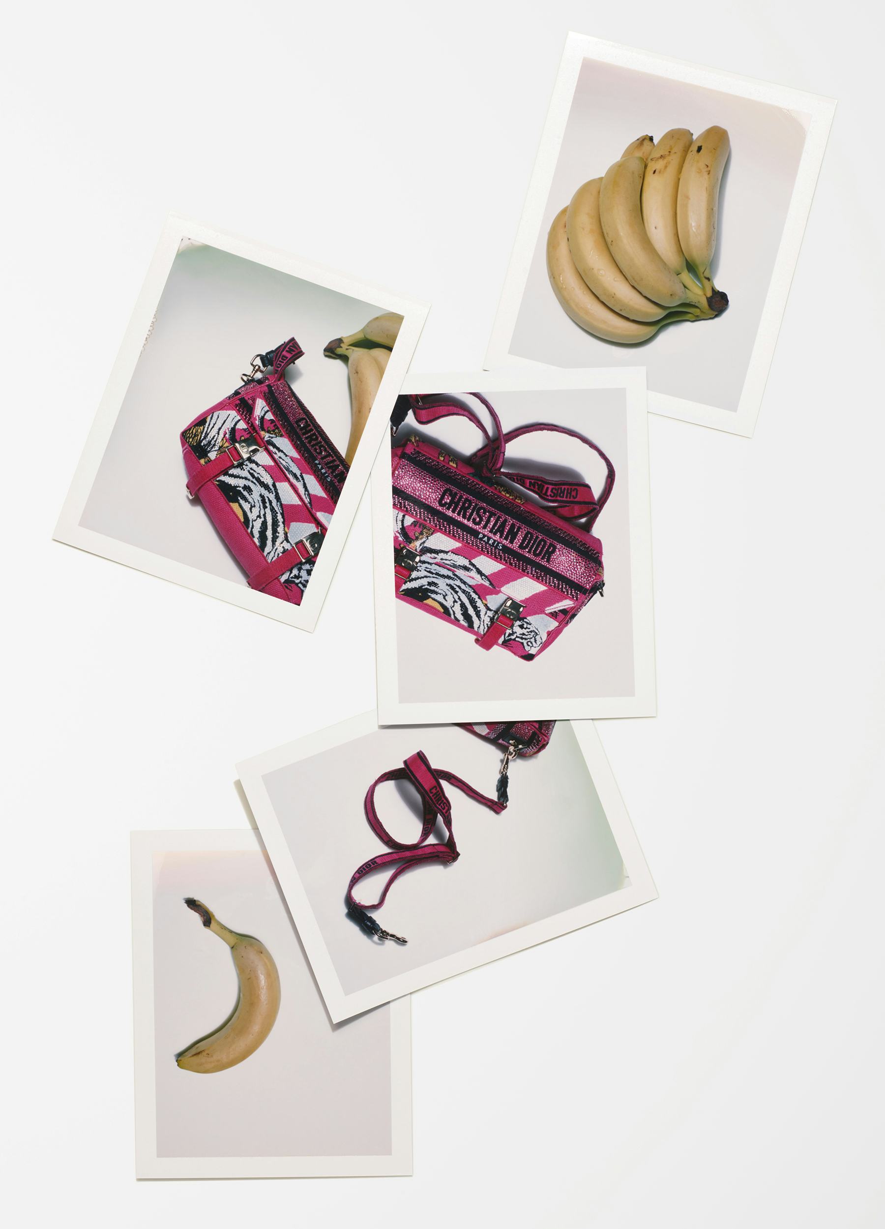 A pink Dior bag among bananas.