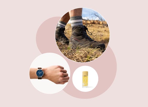 A collage with Valentine's Day gifts for men: Shroom Cola Perfume, Hardy Hiking Boots, Skagen Denmar...