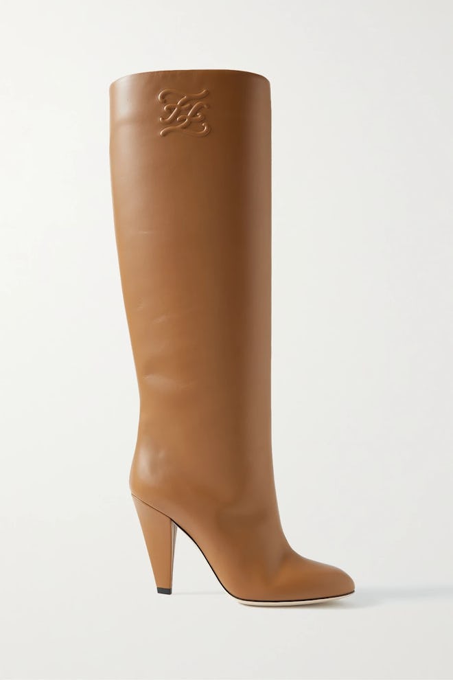 Karligraphy Logo-Embossed Leather Knee Boots