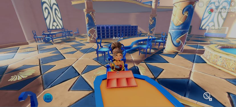 Image from virtual Roblox experience "Mermaid life." Blue and beige dining room setting.