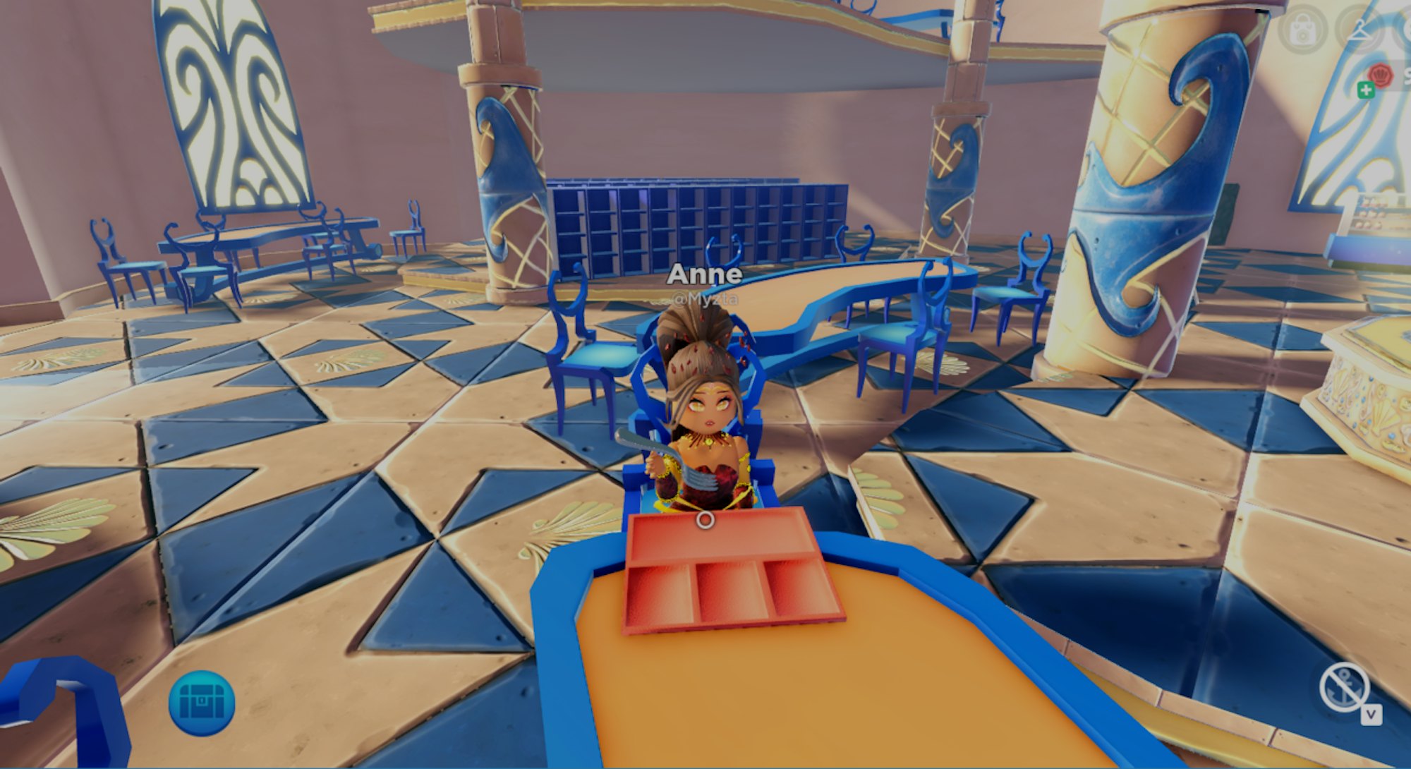 Image from virtual Roblox experience "Mermaid life." Blue and beige dining room setting.