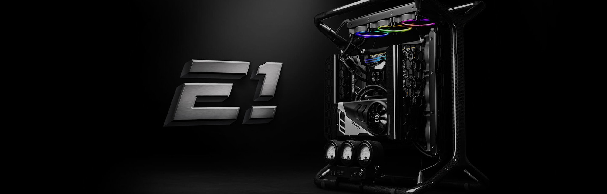 EVGA's E1 gaming rig with open chassis design.
