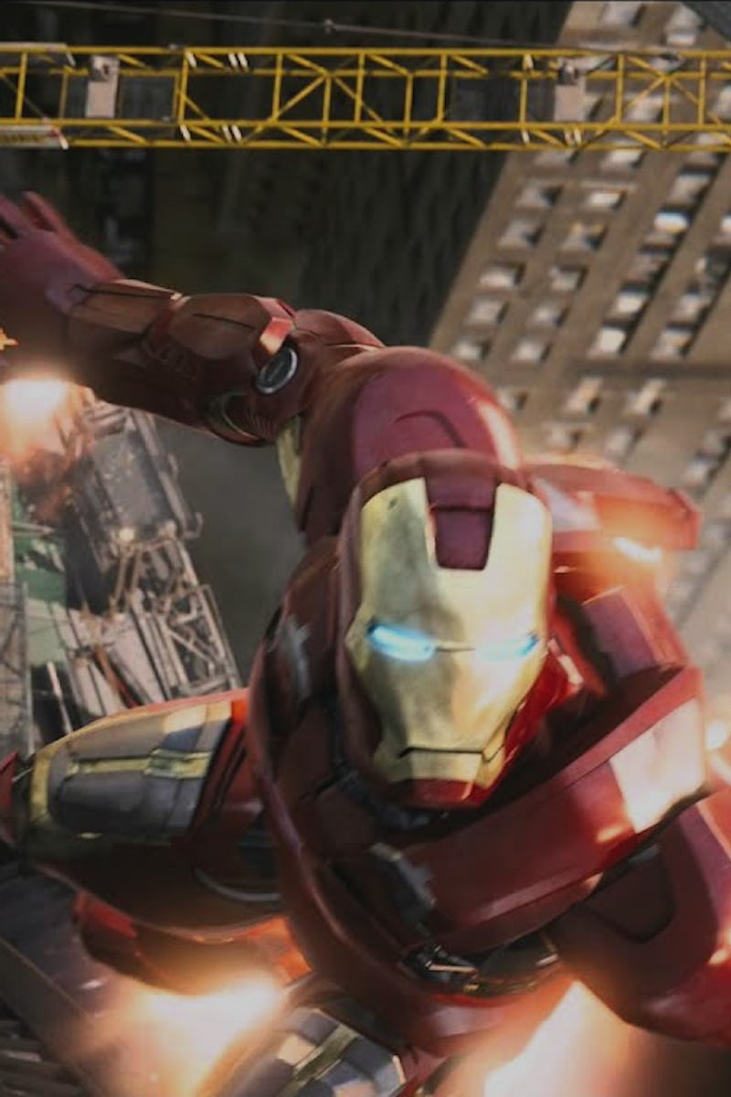 Iron Man flying above New York City during the attack of the city