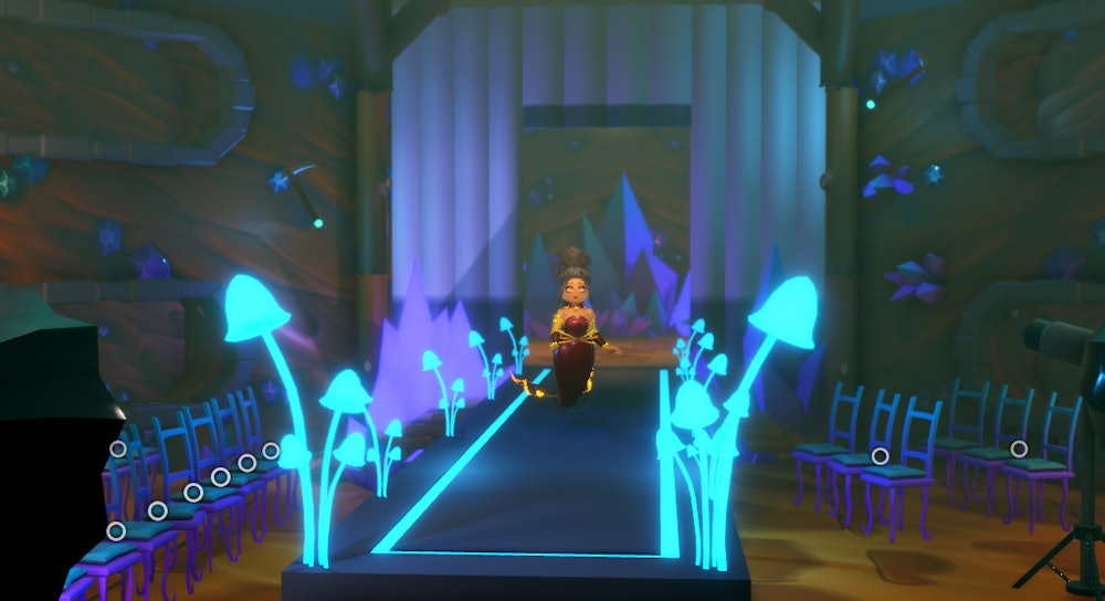 A virtual runway with a mermaid underwater theme, with mushroom-shaped glowing lights lining the run...