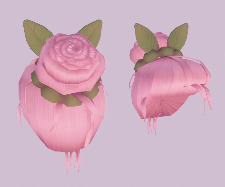 Image of a Roblox avatar hairstyle, which is a pink bun hairstyle where the bun looks like a rose. L...