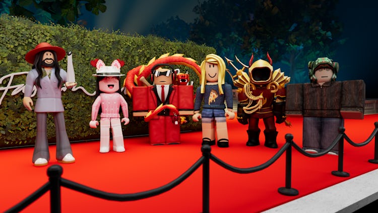 Image of red carpet environment in Roblox where avatar of Creative director of Gucci Alessandro Mich...