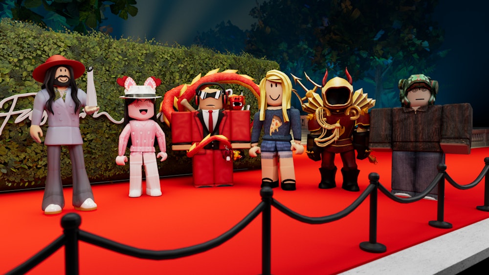 Image of red carpet environment in Roblox where avatar of Creative director of Gucci Alessandro Mich...