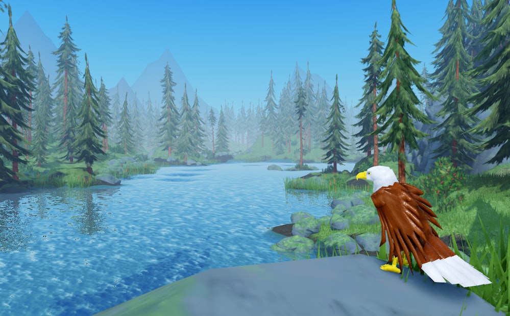 Virtual forest, showing pine trees, a blue sky, blue river and a bald eagle perched on a rock.