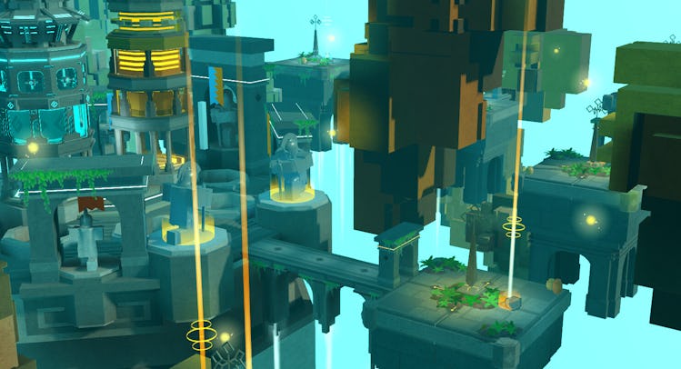 Virtual floating world showing blue-ish stone platforms and yellow lights.