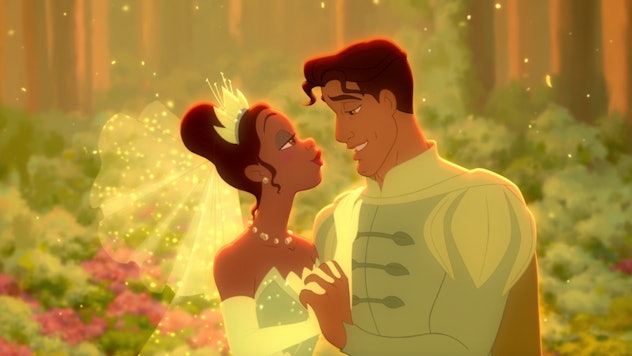 Tiana and Prince Naveen embrace in The Princess and the Frog.