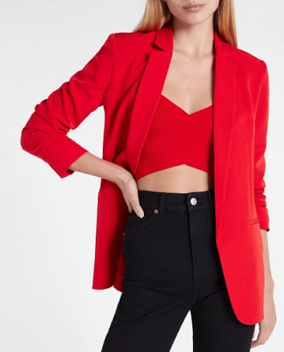 This red blazer is a stunning choice for a Valentine's Day outfit.