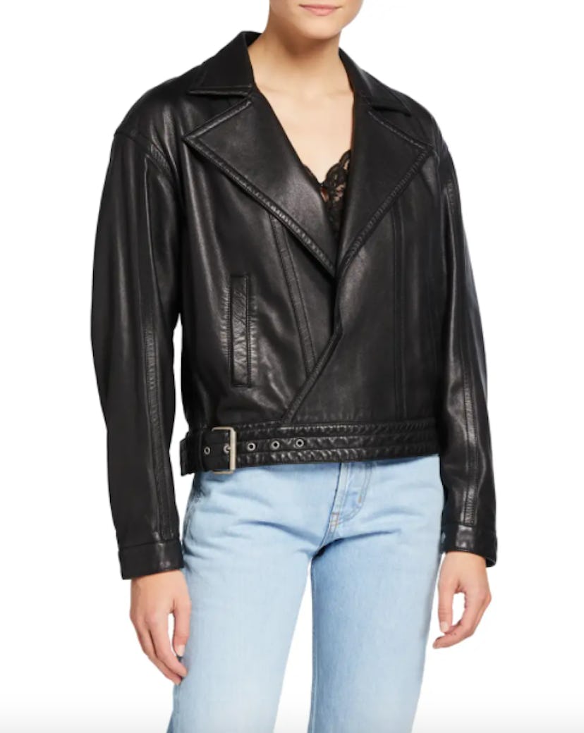 Oversized Crossover Belted Leather Jacket