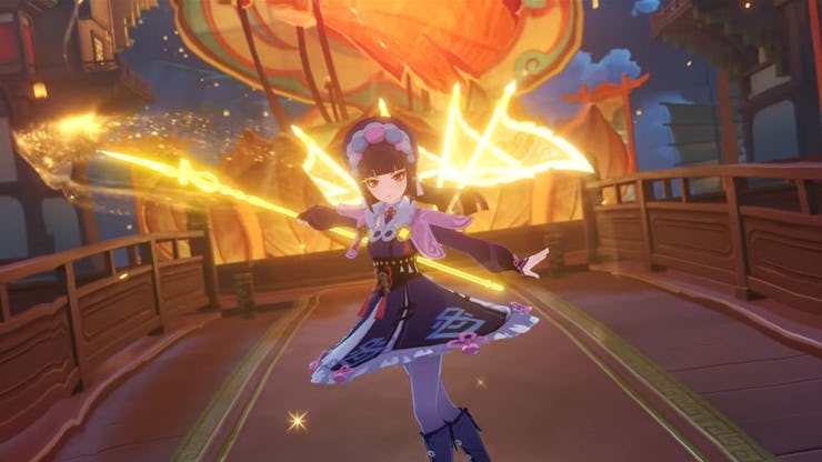 Genshin Impact Yun Jin performing in Liyue Harbor.