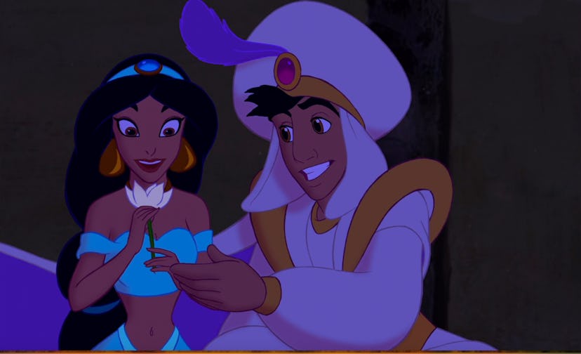 Aladdin and Jasmine fly on a magic carpet.