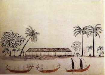 canoes pass a long house and palm trees