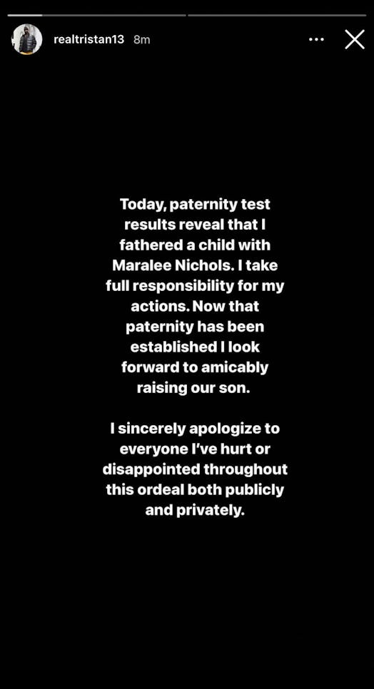 Tristan Thompson's Instagram apology to Khloé Kardashian following his paternity test.