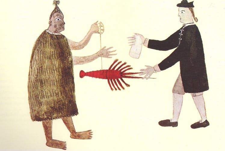 painting of a british and maori man participating in trade