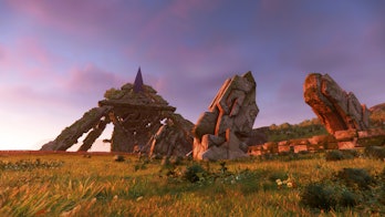 Screengrab from game Sonic Frontiers showing beautiful sunset sky in a meadow with magical ruins mad...