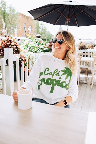 This Café Tropical sweater was made from a knit kit from the 'Schitt's Creek' knitting collection. 