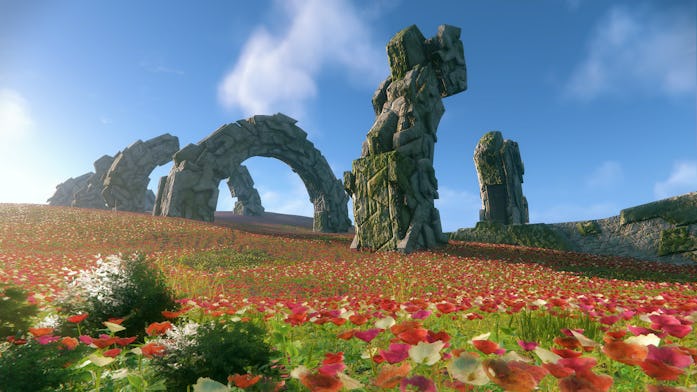 Screengrab from Sonic Frontiers game showing stone arch ruins of Starfall Islands in a field of red ...