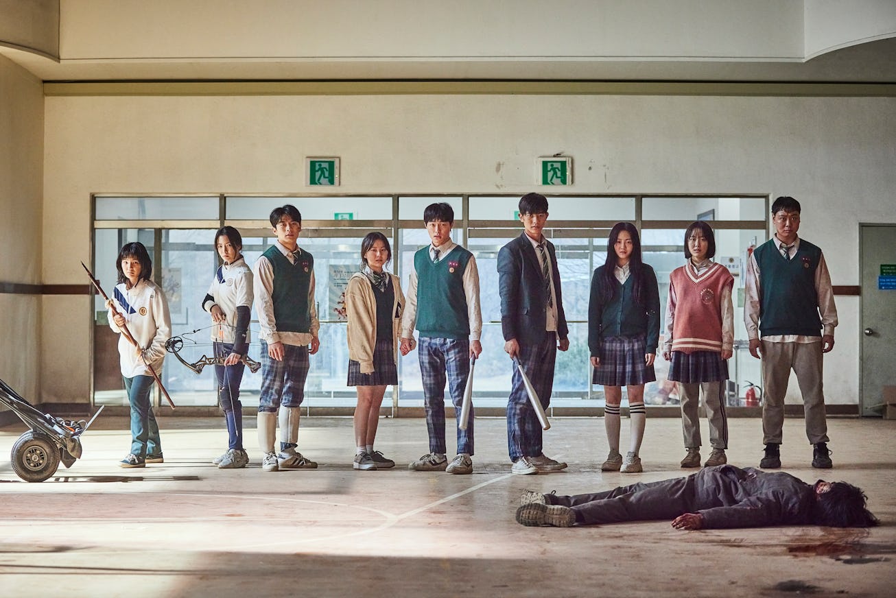 All of us are Dead (L to R) Park Ji-hu as Nam On-jo, Yoon Chan-young as Lee Cheong-san, Lomon as Lee...