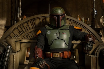 Boba Fett sitting on his throne in The Book of Boba Fett Episode 1