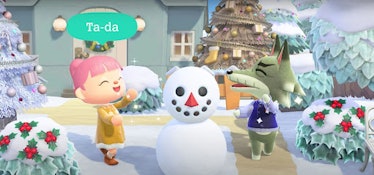 A girl character expresses joy while standing next to a snowboy in 'Animal Crossing: New Horizons'.