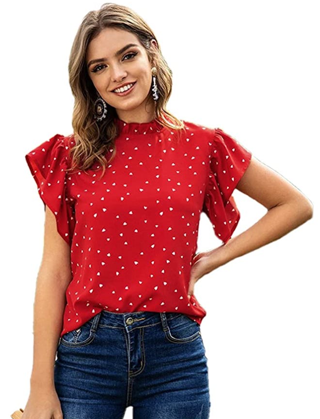 This ruffled blouse makes a sweet addition to your Valentine's Day outfit.