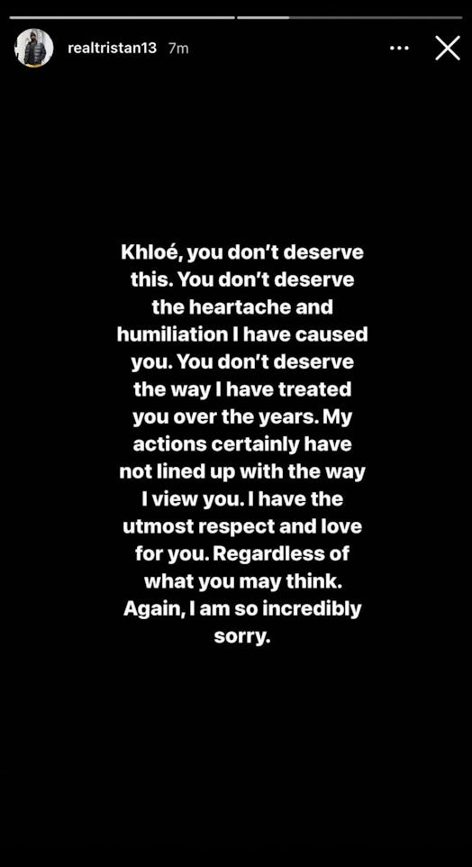 Tristan Thompson's Instagram apology to Khloé Kardashian following his paternity test.