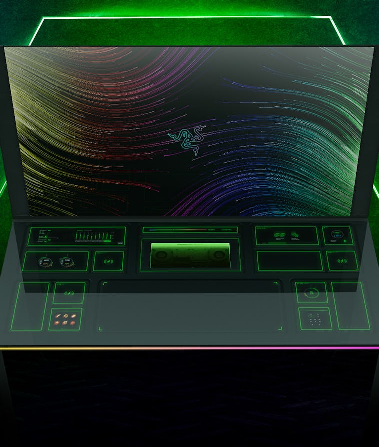 Project Sophia desk with a screen attached and green outlines for possible modules.