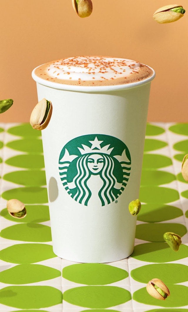 The Starbucks winter 2022 menu includes returning favorites like the Pistachio Latte, Meatless Monda...