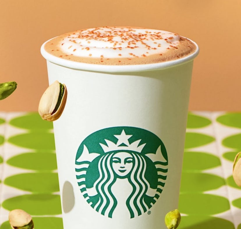 The Starbucks winter 2022 menu includes returning favorites like the Pistachio Latte, Meatless Monda...