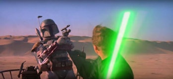 Boba Fett versus Luke in Return of the Jedi.