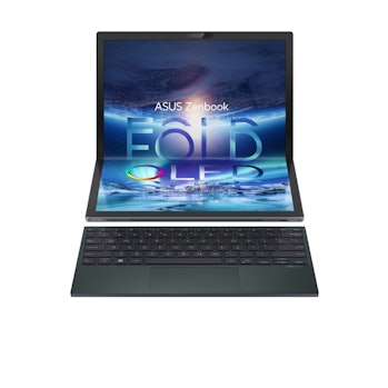 The ZenBook 17 Fold OLED with detachable Bluetooth keyboard and trackpad and partially folded screen