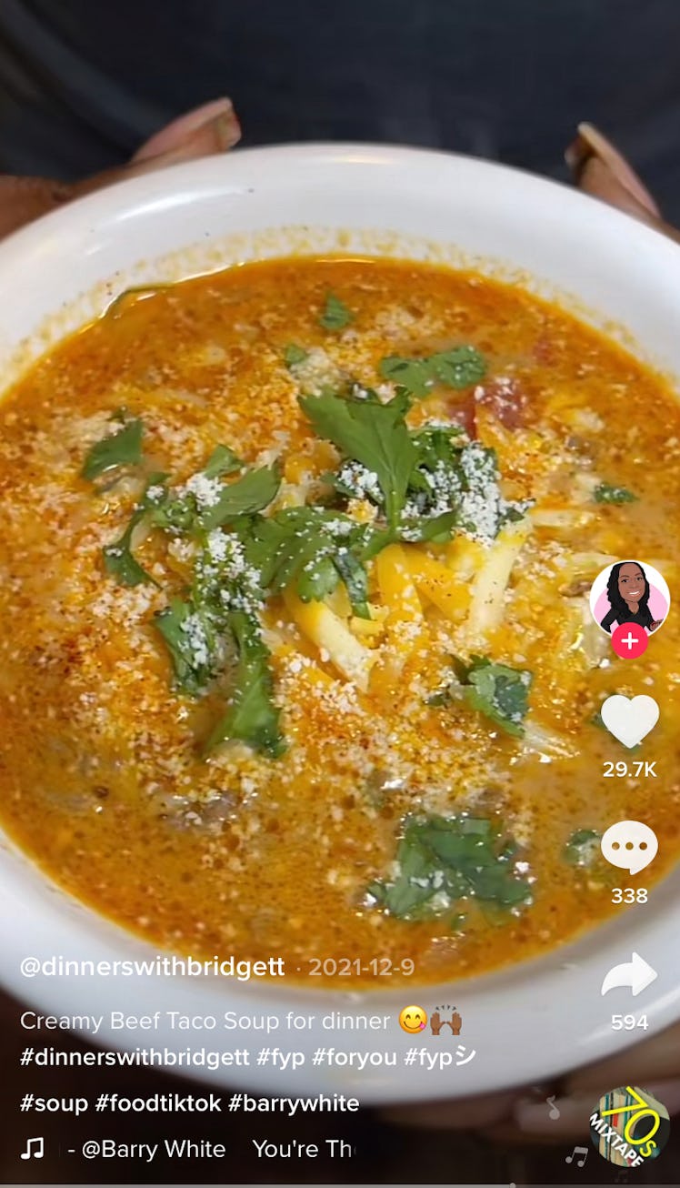 A woman makes a taco soup recipe on TikTok.