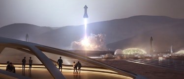 SpaceX concept art of a Starship taking off from Mars.