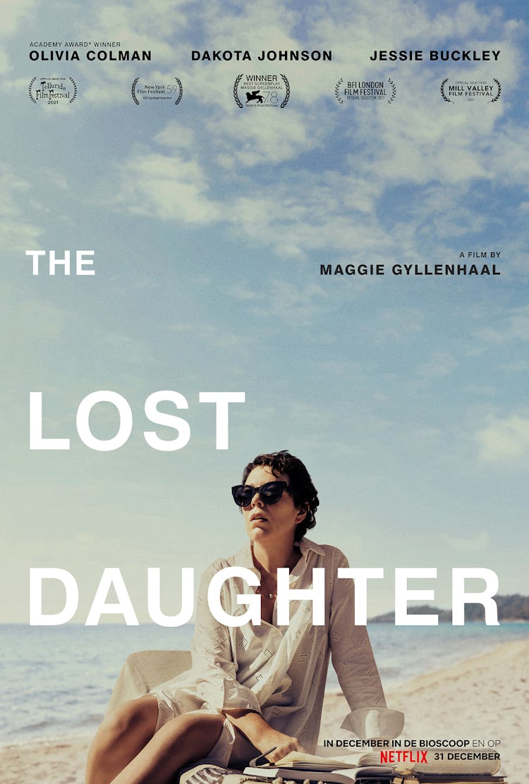 The Lost Daughter movie poster, with Leda (Olivia) wearing sunglasses on the beach