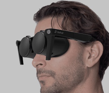 Model wearing Shiftall's lightweight VR headset Megane X.