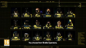 Image of 18 headshots of all the R6 Extraction operators wearing yellow and black