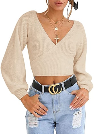 LOMON Cross-Wrap Crop Sweater