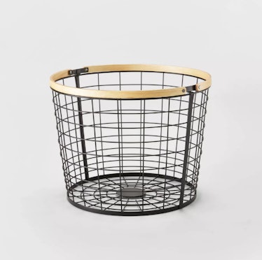 Round Black Wire with Natural Wood Handles Floor Basket