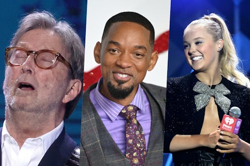 Collage of three celeb photos: Eric Clapton, Will Smith, and Jojo Siwa.