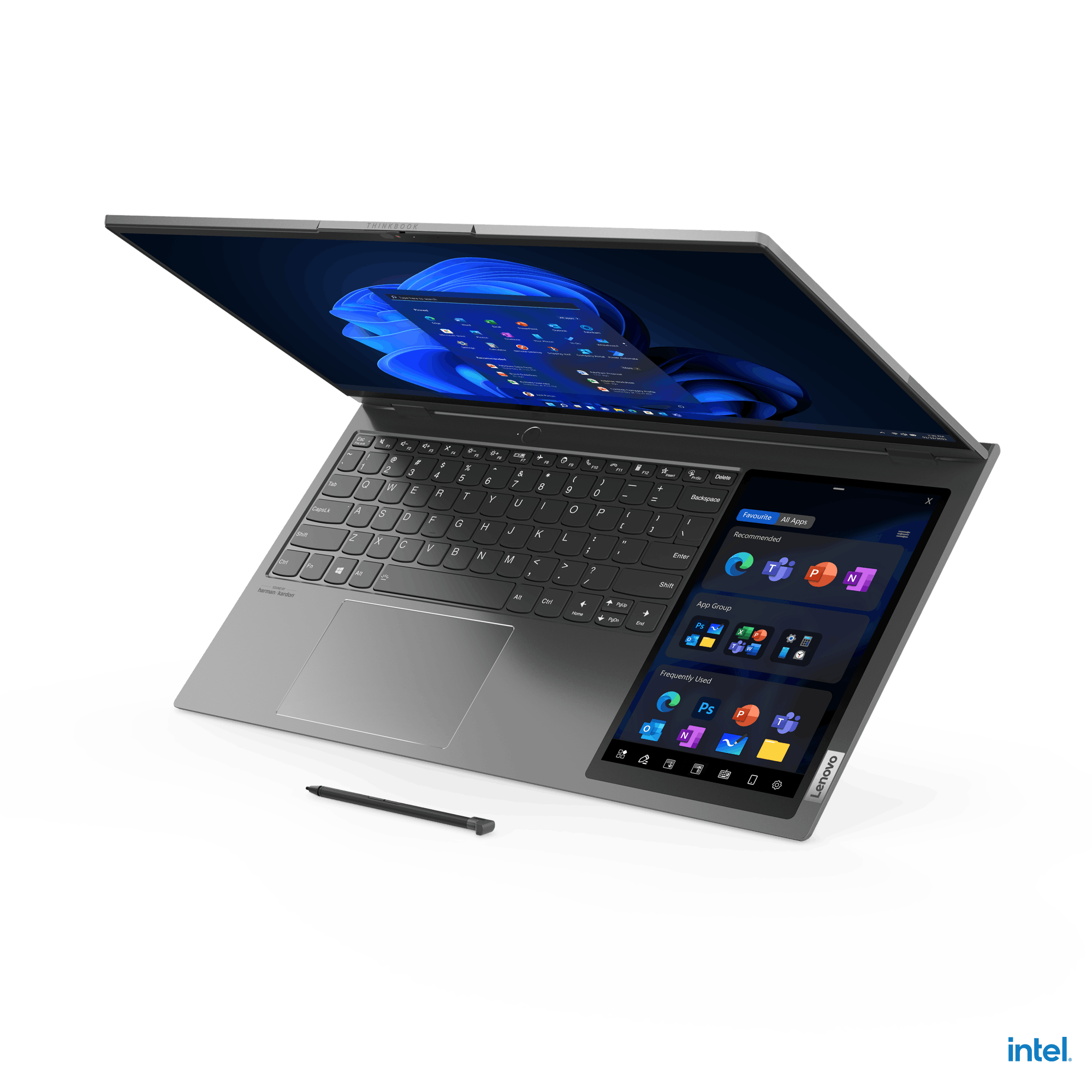 The ThinkBook Plus Gen 3 partially opened, with second 8-inch screen by the keyboard