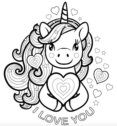 An "I love you" unicorn page is a great Valentine's Day gift idea