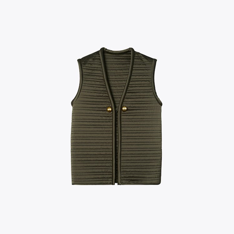 Tory Burch quilted green vest.