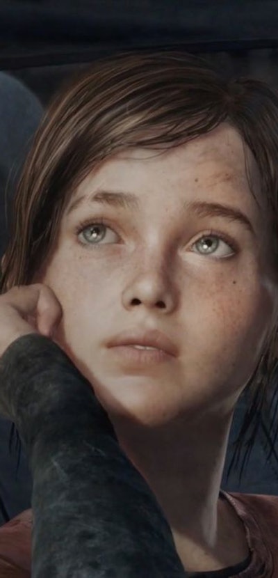 Ellie sitting in a car in "The Last of Us" while Joel is driving