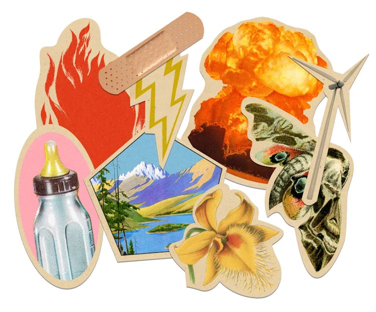 Pictures of an explosion, a baby bottle, the mountains, a flower, a wind turbine and a fire