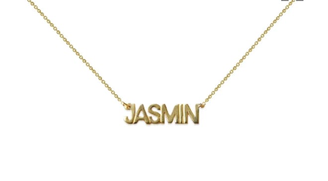 The M Jewelers' Block Nameplate Necklace. 