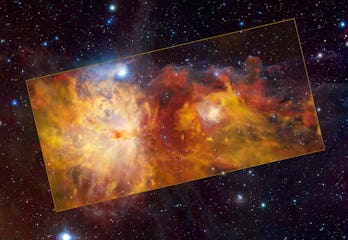 flame nebula with horsehead nebula to the top right